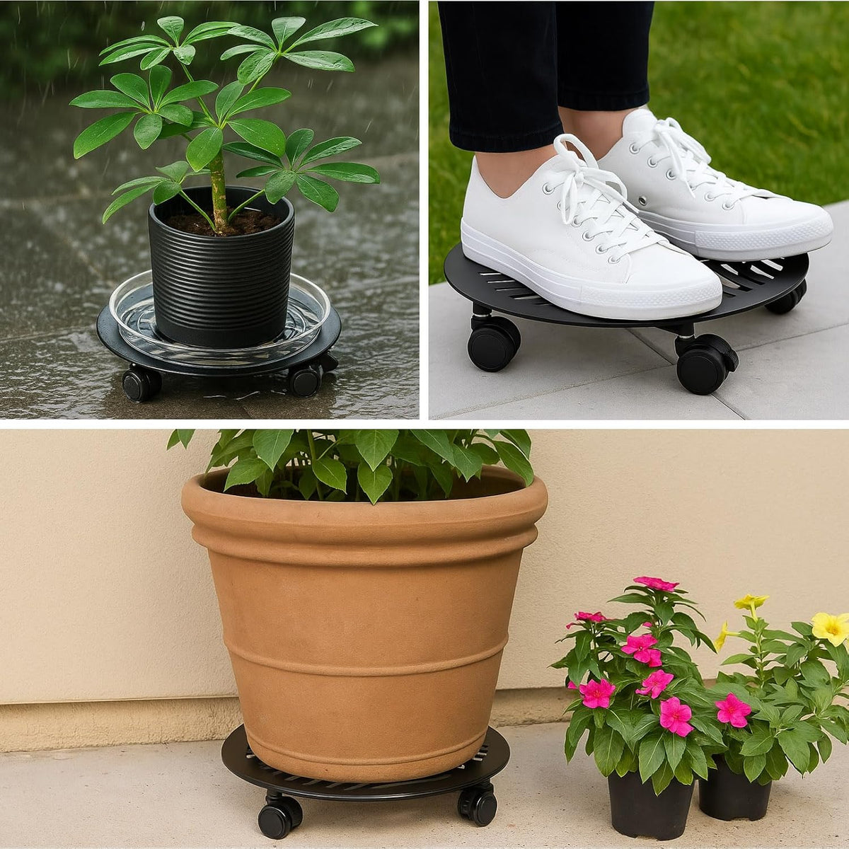 5 Packs Large Metal Plant Caddy with PU Wheels 12" Heavy-Duty Wrought Iron Rolling Plant Stands