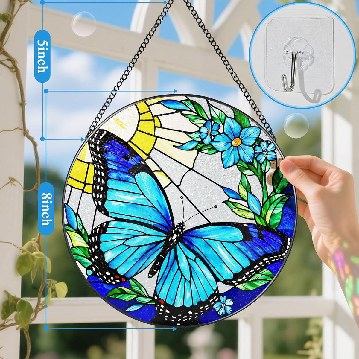 Stained Glass Window Hanging, 8 Inch Sun Catchers Indoor Window, Butterfly Suncatchers for Windows