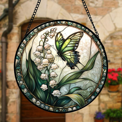 Stained Glass Window Hanging, Lily of The Valley Flower Butterfly Suncatcher for Doors Home Sun