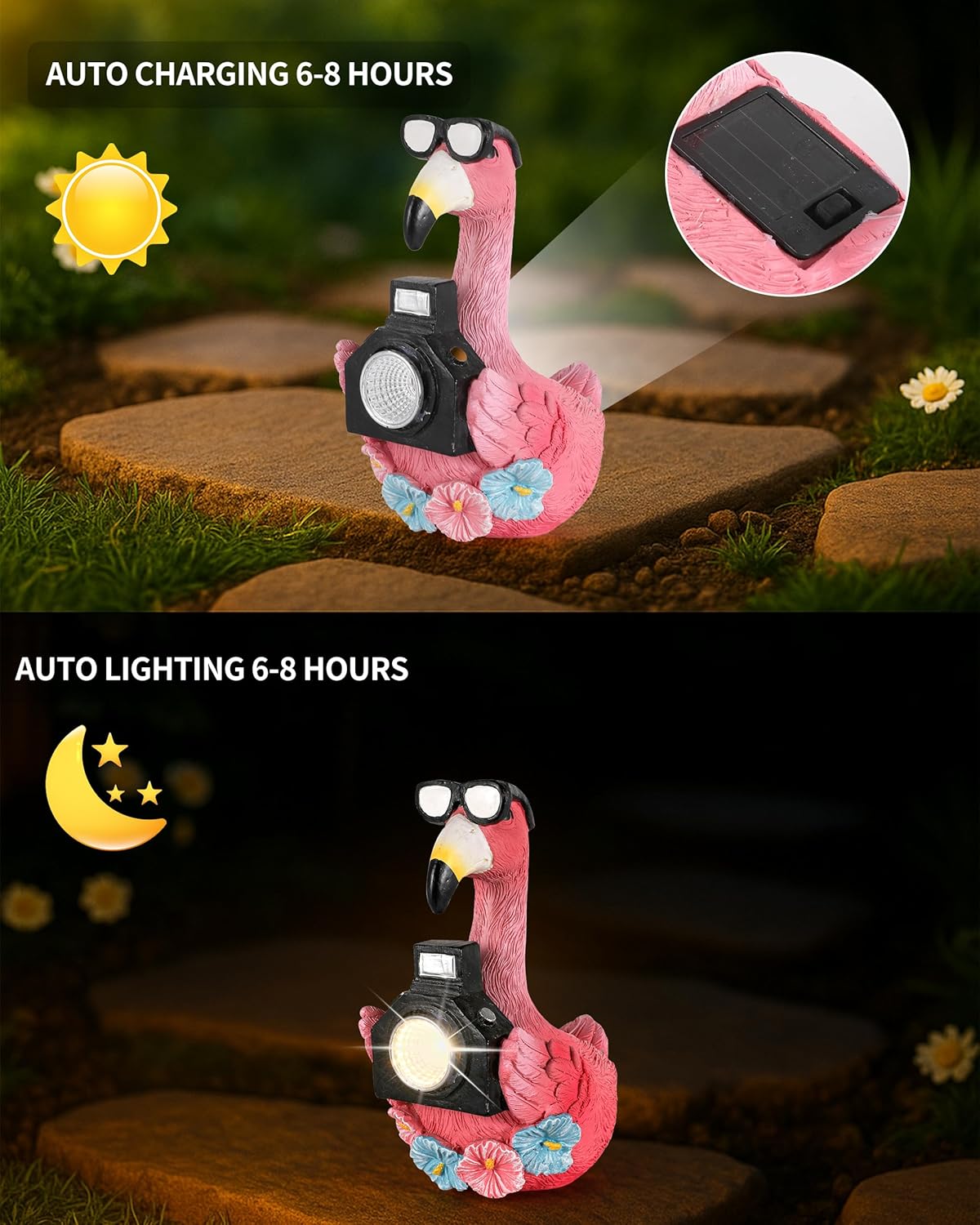 Solar Flamingo Garden Statue with Camera Light – 5.5in Tall Solar Powered Outdoor Figurine for