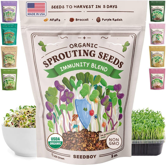 Seedboy Organic Non-GMO Sprouting Seeds, Immune System Booster - USA Grown Microgreens Mix with