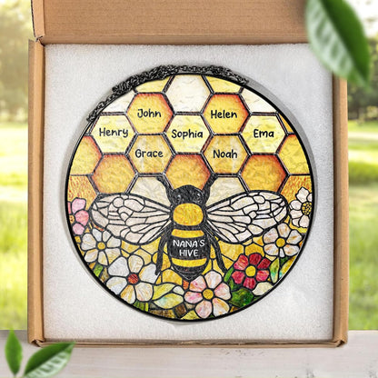 LOVELYPOD Custom Grandma’s Bee Stained Glass Sun Catcher, Personalized Window Hanging Sun Catcher