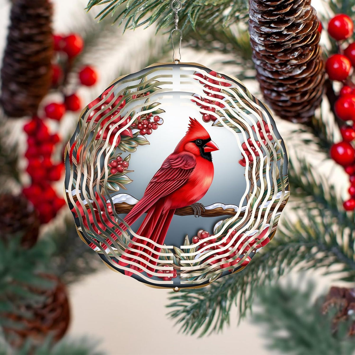 Cardinal Wind Spinner,3D Bird Spinners with Holly for Yard and Garden 3D Steel Wind Spinners
