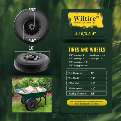 (2 Pack) 4.10/3.50-4 Flat Free Tire and Wheel 10-Inch Solid Wheel Replacement with 5/8 Extra 3/4