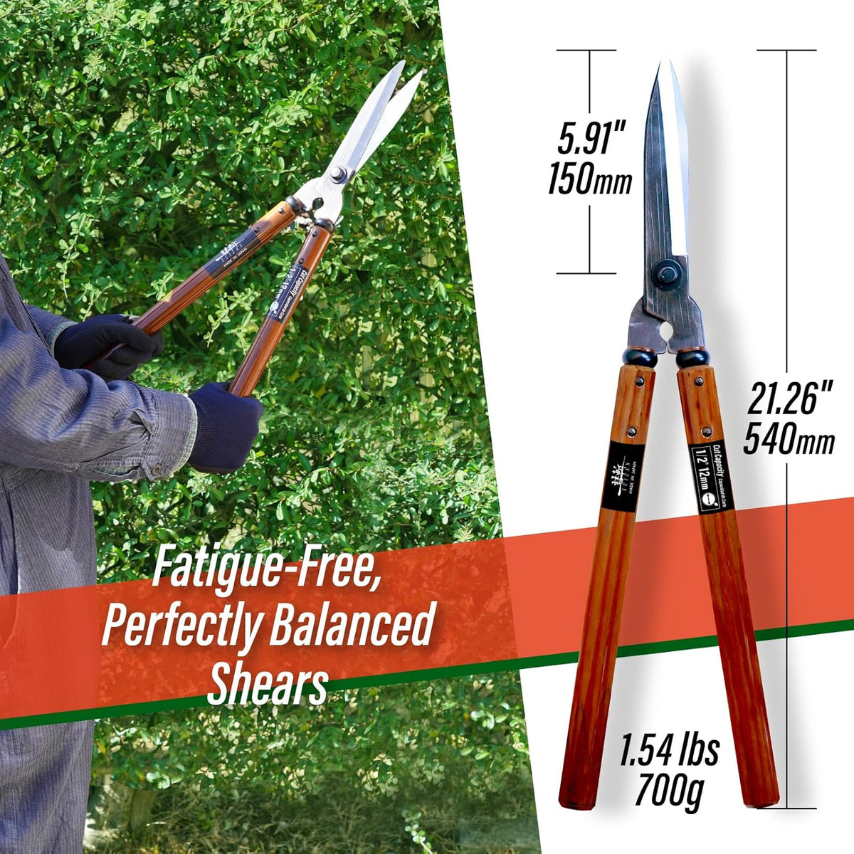 SUIZAN Hedge Shears 21.3" - Professional Japanese Garden Clippers for Precise Trimming Gardening
