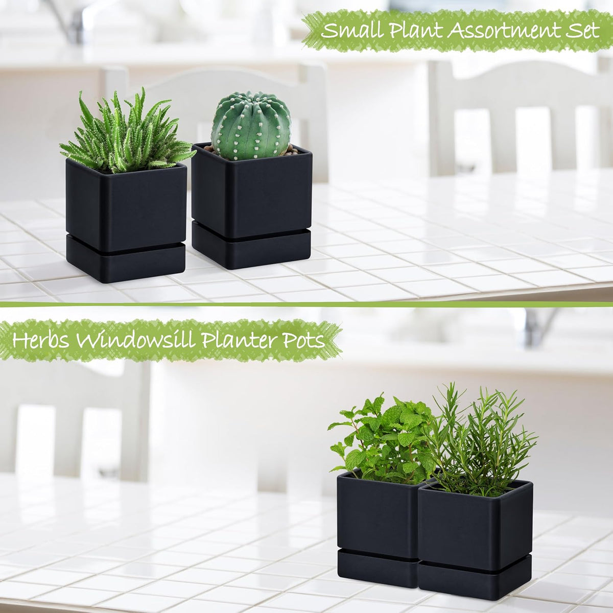 4 Inch Herb Planter Pot, Plastic Planter with Drainage Holes and Saucer, Modern Decorative