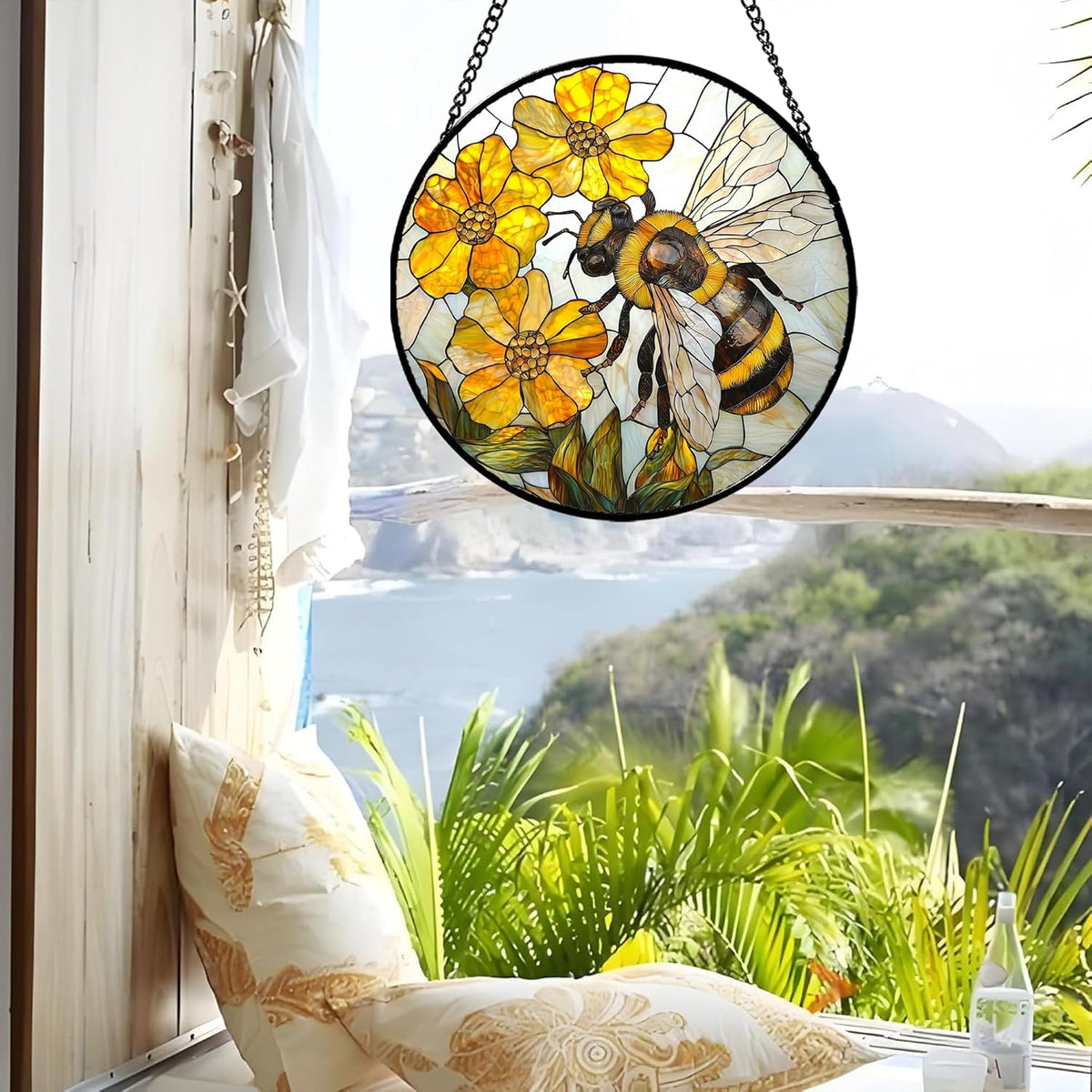 Stained Glass Window Hanging - Yellow Bees Gathering Flowers Sun Catcher for Door Garden Home Decor