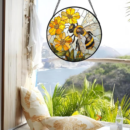 Stained Glass Window Hanging - Yellow Bees Gathering Flowers Sun Catcher for Door Garden Home Decor