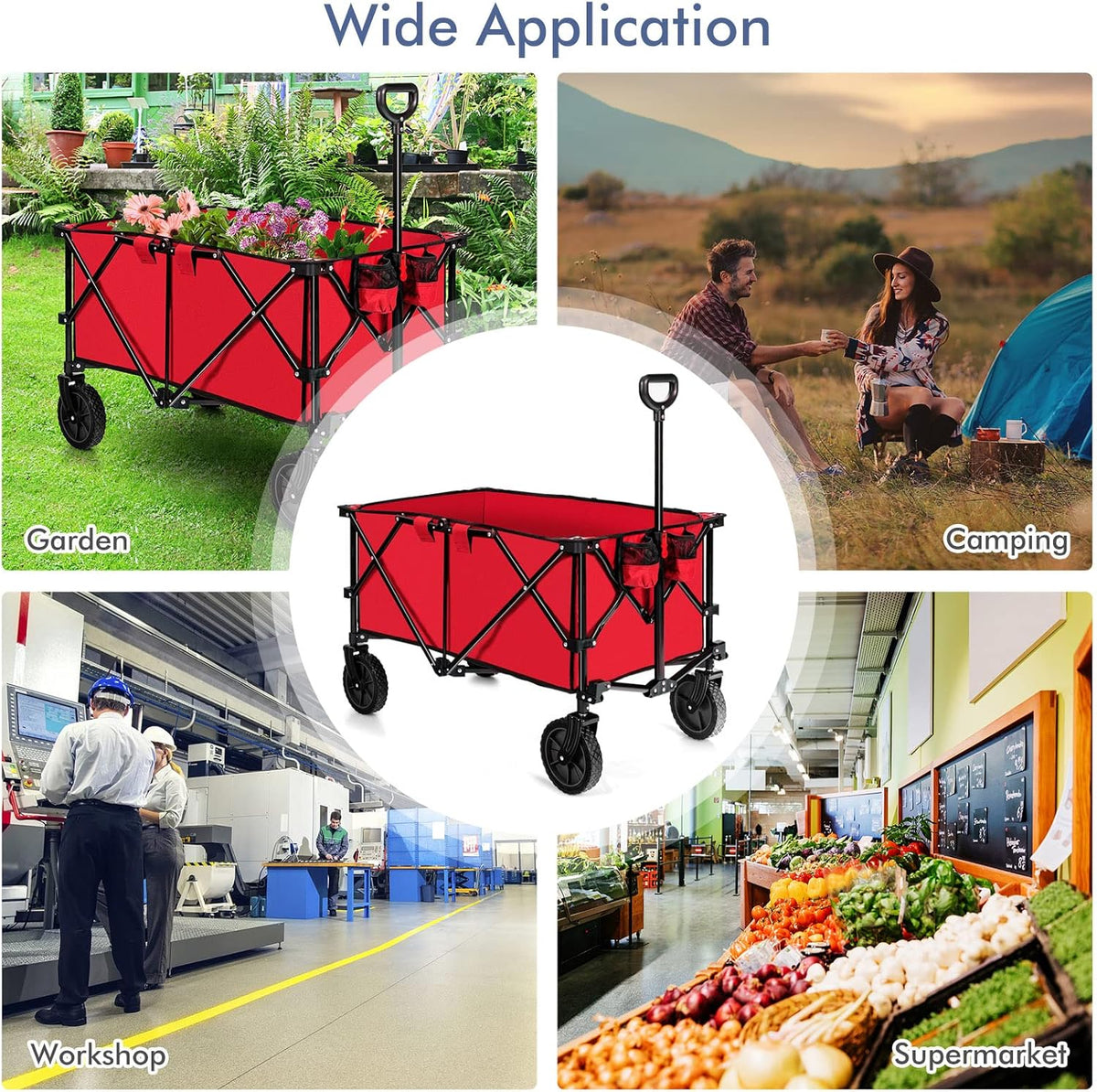 Goplus Collapsible Wagon, Folding Utility Wagon Cart w/Universal Wheels & Adjustable Handle & Cover