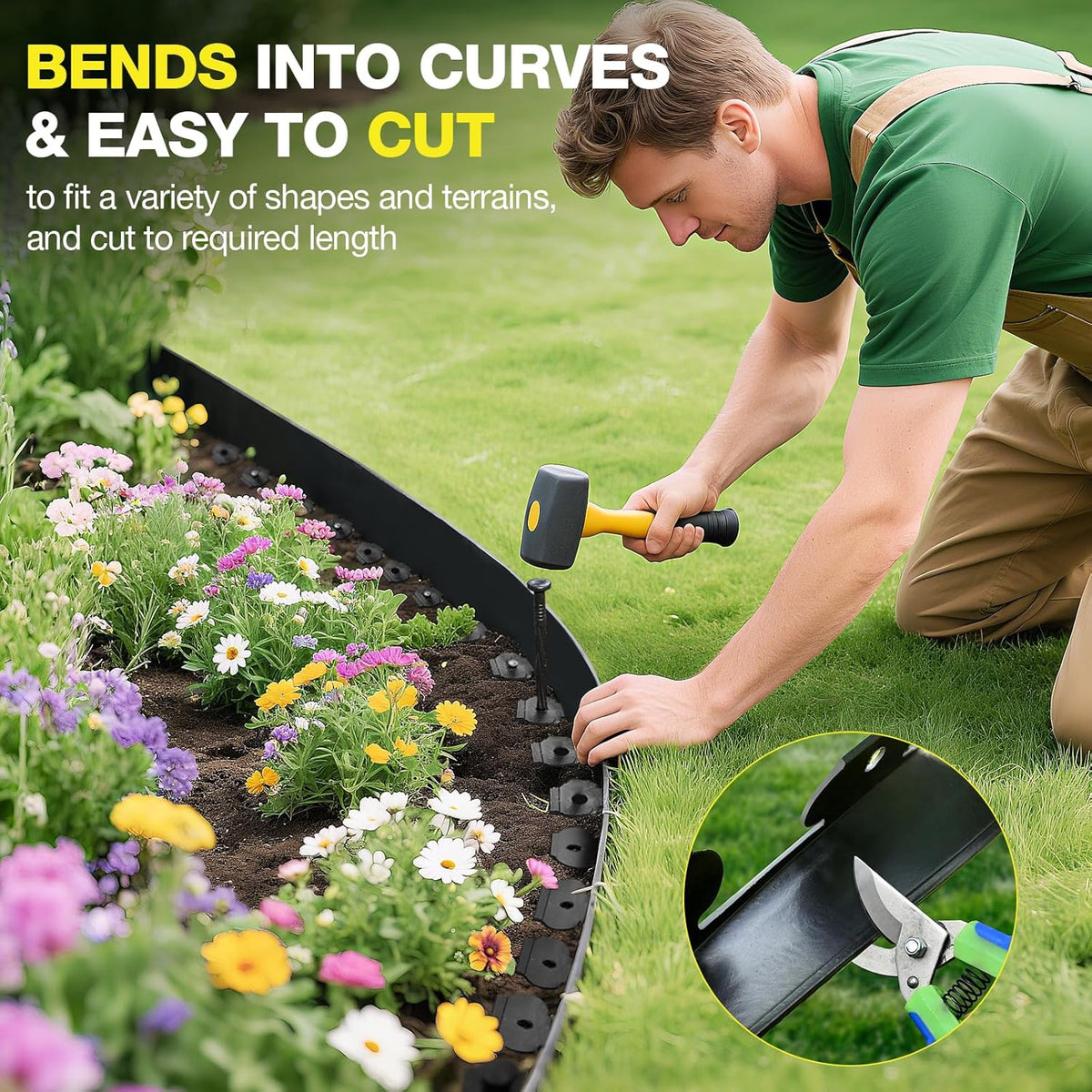 MIXC 66ft, 1.5in Tall Landscape Edging Kit with 100 Spikes, No-Dig Flexible Plastic Edge Border for
