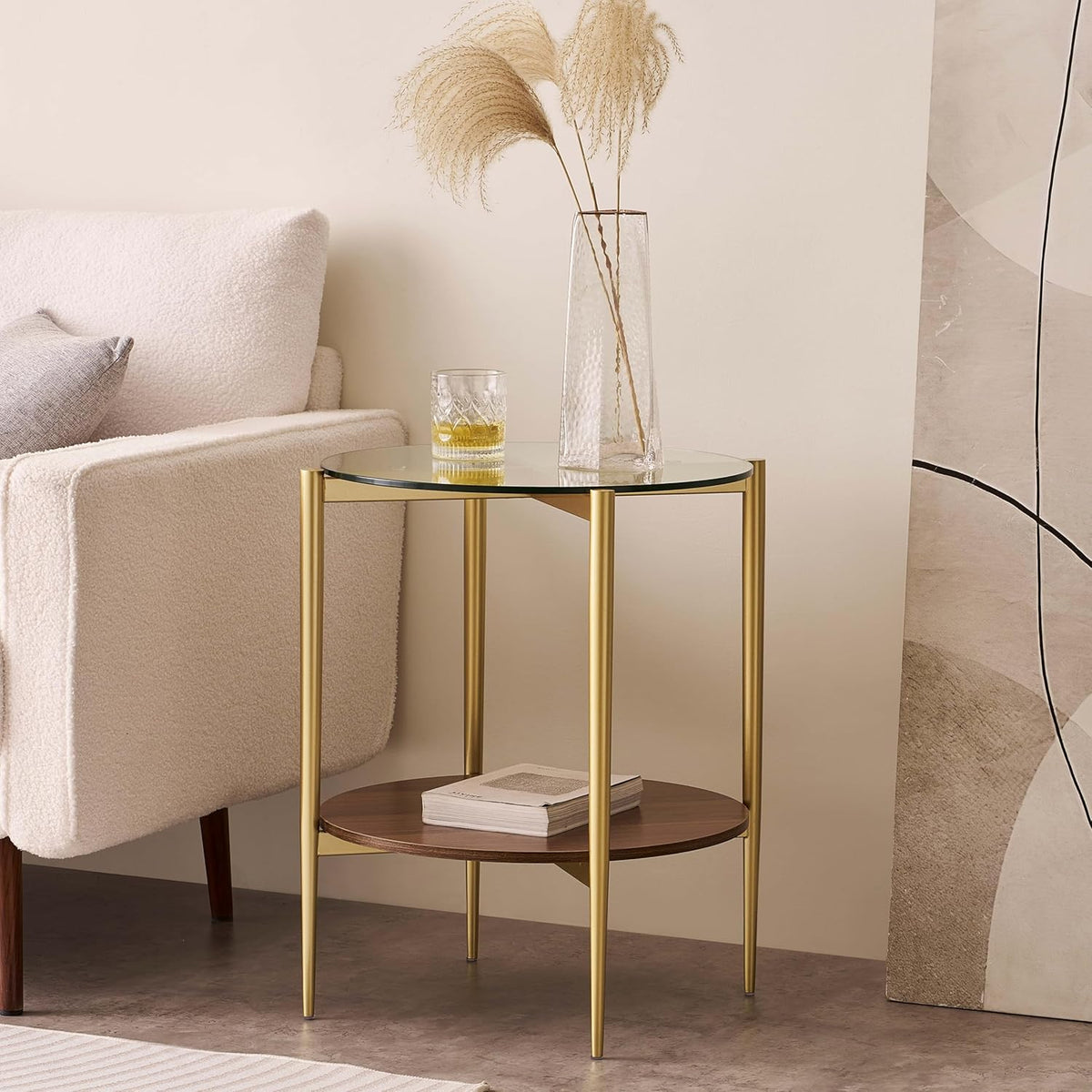 Round Glass End Table, Mid-Century Modern Design Sofa Table for Living Room, D18 x H23, 2-Tier