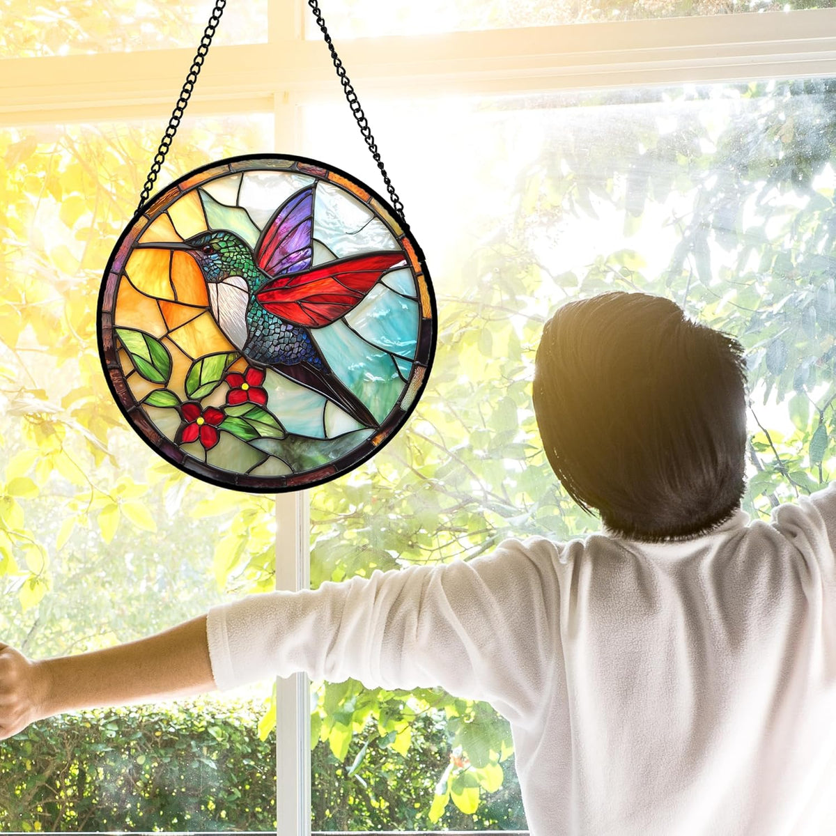 Stained Glass Window Hanging, Hummingbird Gifts Sun Catchers Diamond Glass Panel Hangings Birds