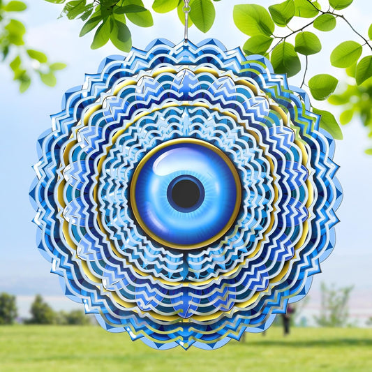 Blue Evil Eye Hanging Wind Spinners Outdoor Metal Evil Eye Decor Mandala 3D Stainless Steel Wind