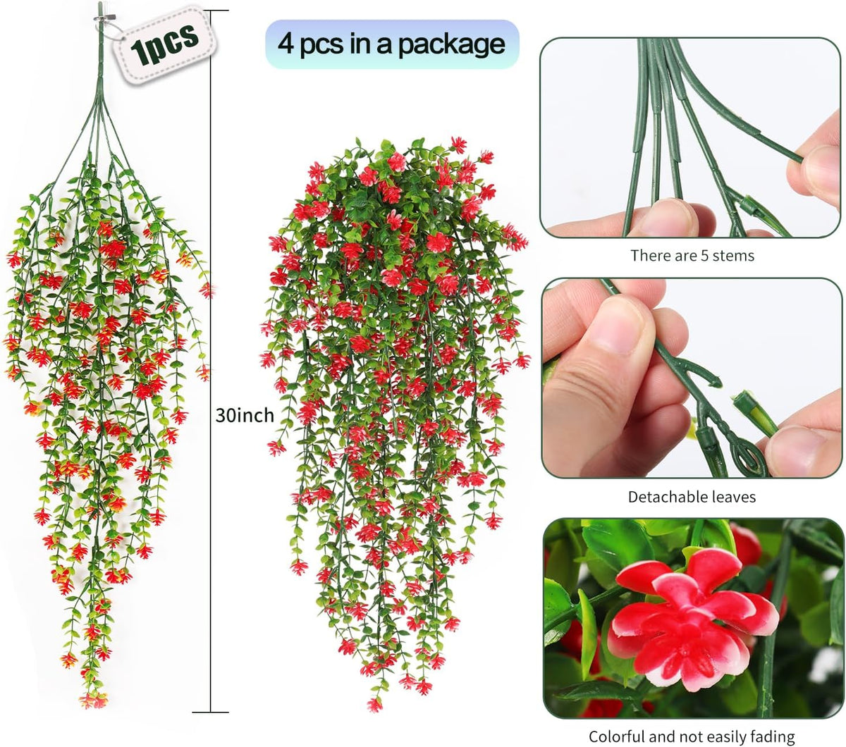 SJL Artificial Hanging Plant 4pcs Fake Hanging Plants Greenery Decor Plastic Flower Artificial