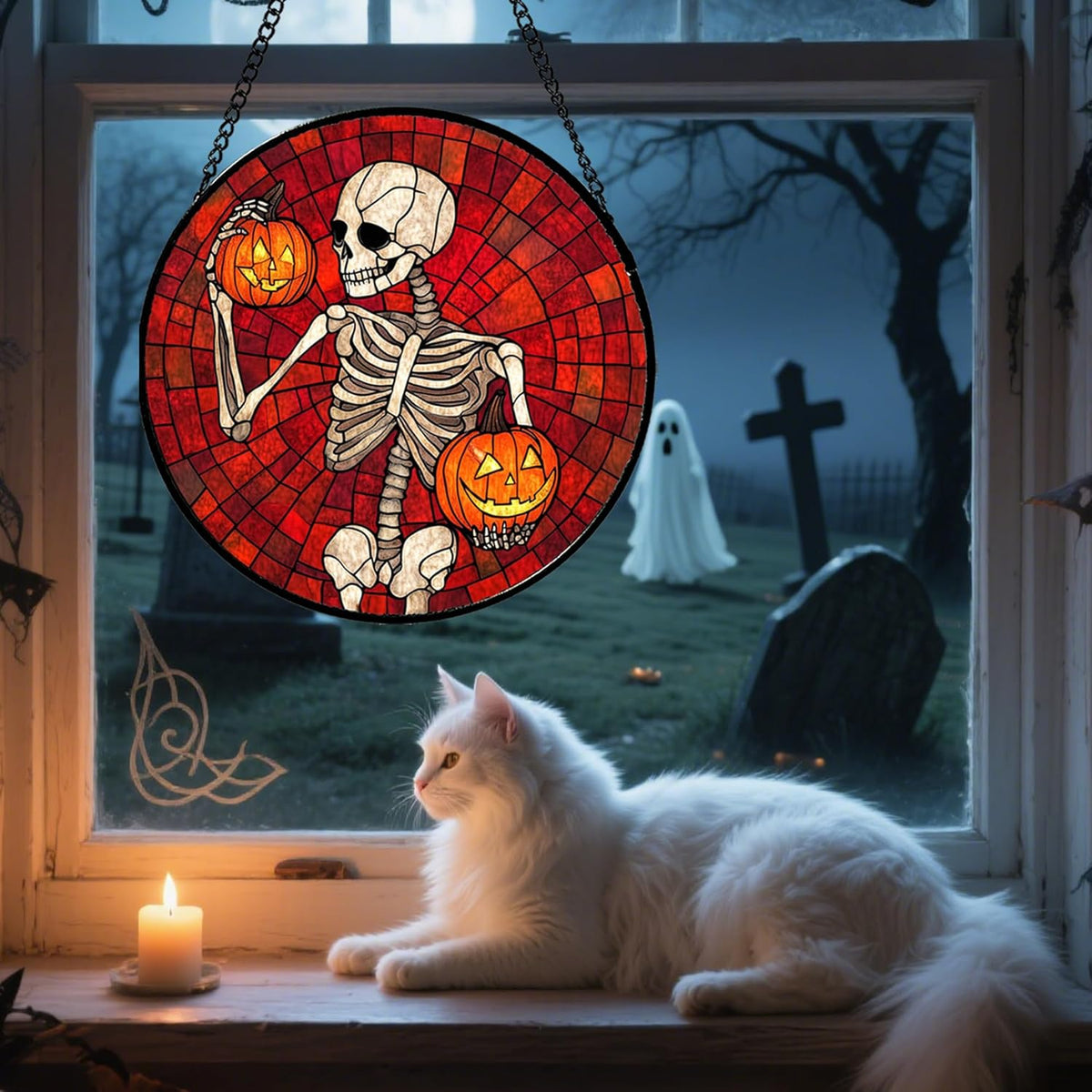 Stained Glass Window Hanging - Halloween Decorations Skeleton Pumpkin Suncatcher for Doors Garden