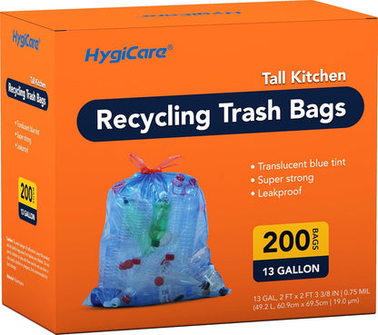 13 Gallon Recycling Trash Bags, Unscented 200 Count Drawstring Tall Kitchen Garbage Bags