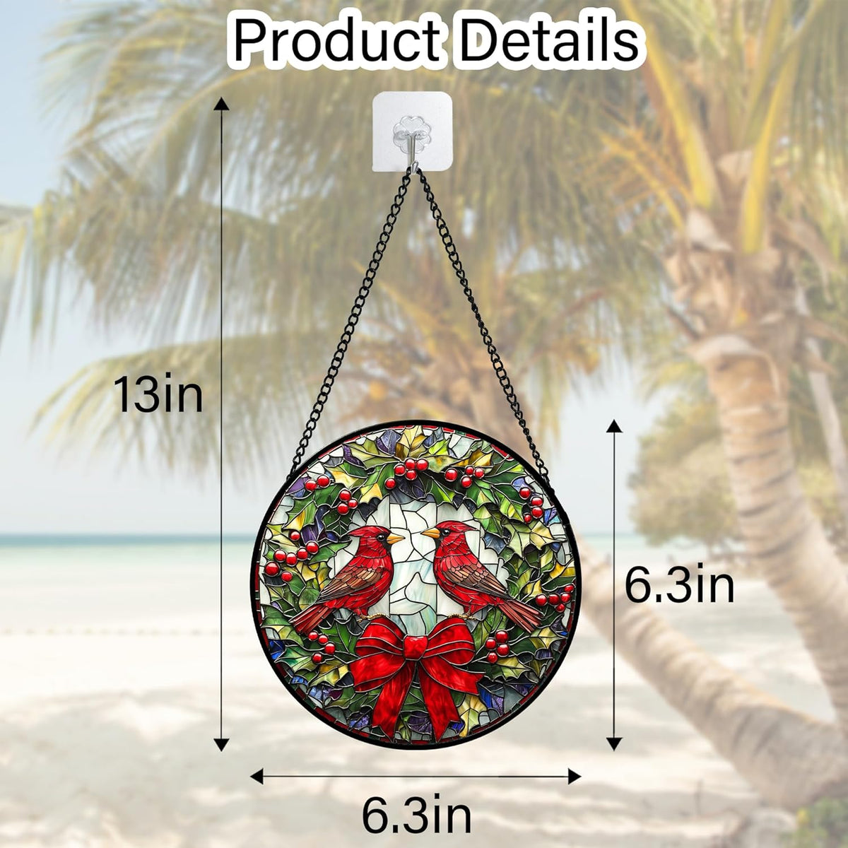 Stained Glass Window Hanging - Cardinals Green Wreath Suncatcher for Doors Home Christmas