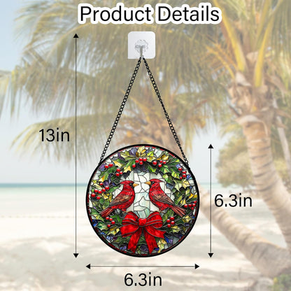 Stained Glass Window Hanging - Cardinals Green Wreath Suncatcher for Doors Home Christmas