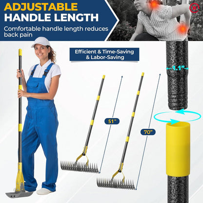 Rake, 70" Heavy Duty Metal Dethatcher Rake with 15" Wide Double-Edged Sharp Tines Thatch Rakes for