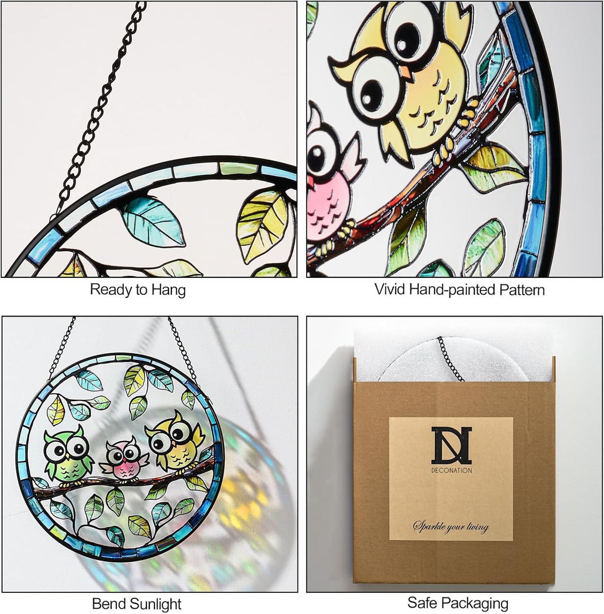 7.87” Owl Stained Glass Suncatcher - Hand-Painted Colorful Owls on Tree Window Hanging with Metal