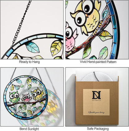 7.87” Owl Stained Glass Suncatcher - Hand-Painted Colorful Owls on Tree Window Hanging with Metal