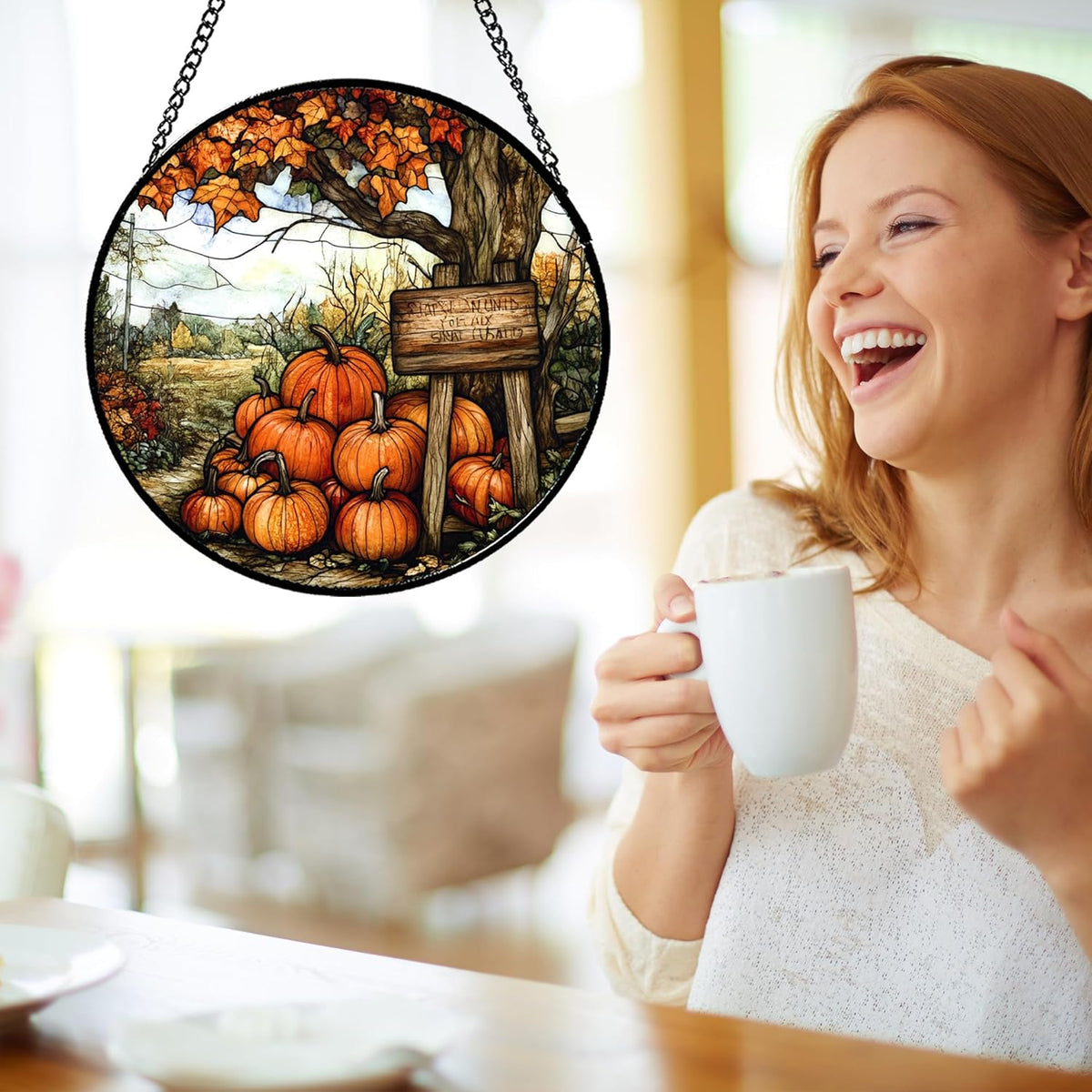 Stained Glass Window Hanging Fall Farm Scenery Maple Trees Pumpkin Large 15" - Suncatcher Door