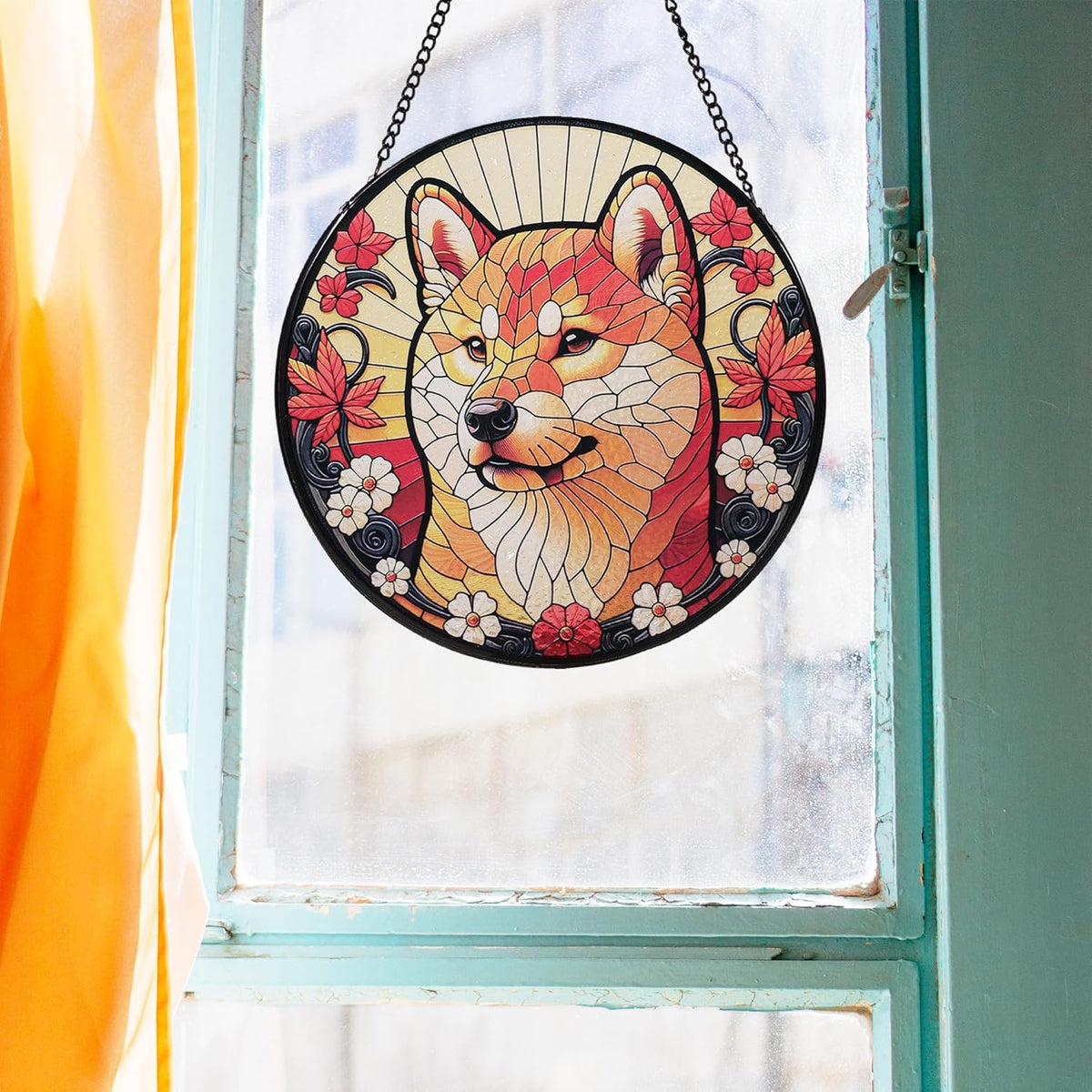 Stained Glass Dog Memorial Suncatcher,Shiba Inu Window Hanging,Sympathy Gifts for Pet Loss,7.9
