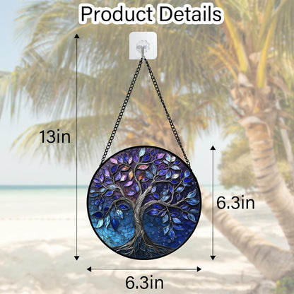 Stained Glass Window Hanging, Blue Purple Tree of Life Sun Catchers Colorful Glass Panel Plants