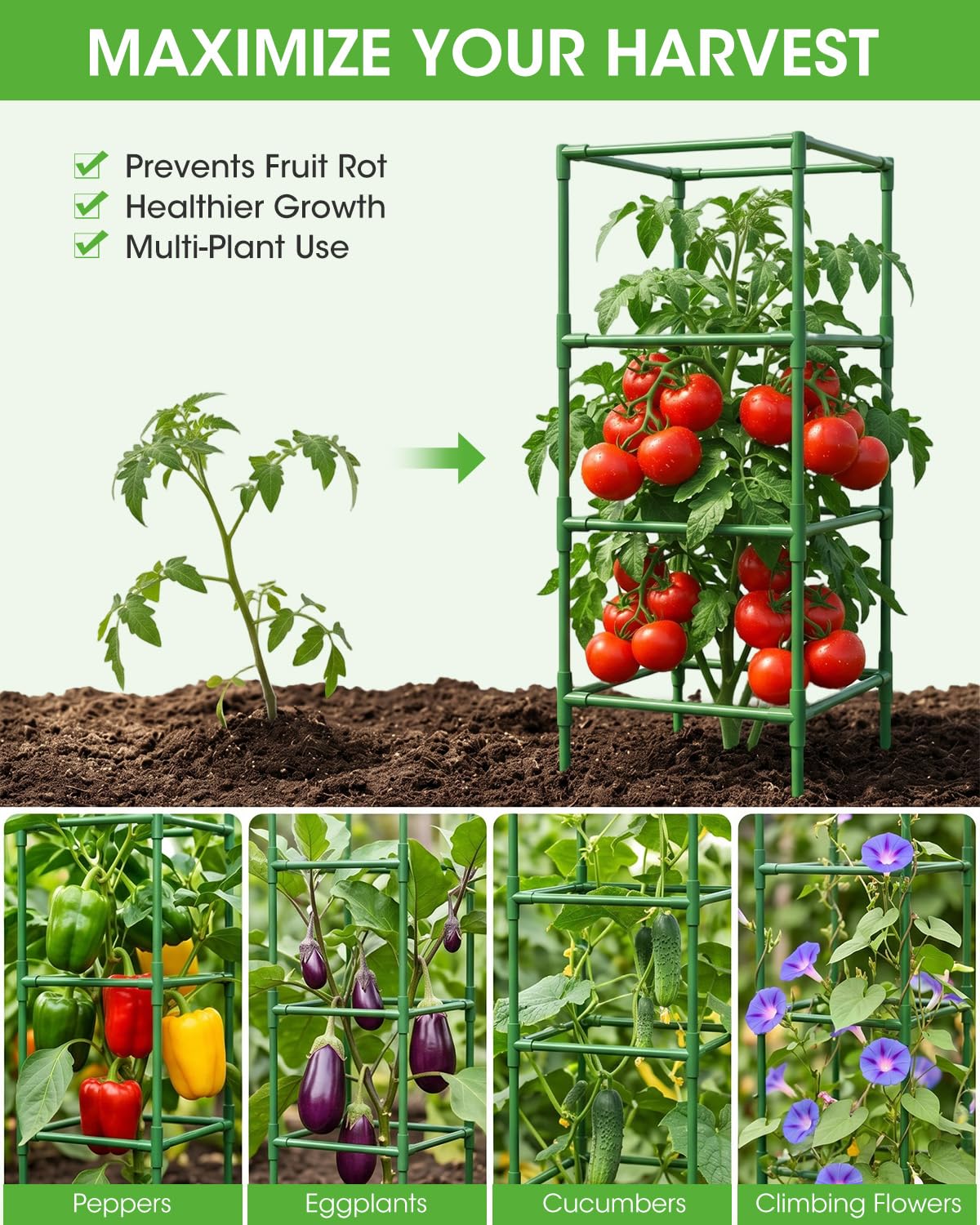 MQHUAYU 3 Pack Tomato Cages,Square Tomato Plant Stakes Support Cages Trellis for Garden Climbing
