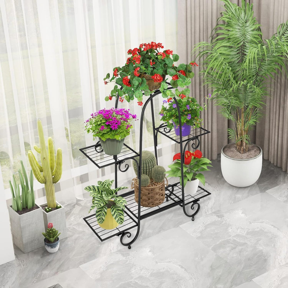 S AFSTAR 6-Tier Metal Plant Stand, Heavy-Duty Plant Display Stand Rack w/ Adjustable Footpads