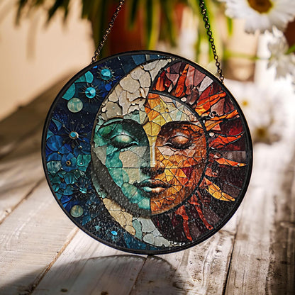 7.8" Sun and Moon Stained Glass Suncatchers Art Glass Celestial for Sun Catcher Indoor Window Gifts