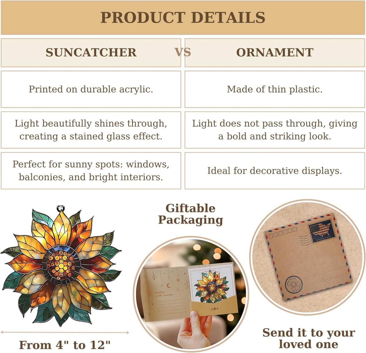 Golden Sunflower Acrylic Suncatcher Stained Glass Effect Window Car Hanging Christmas Ornament