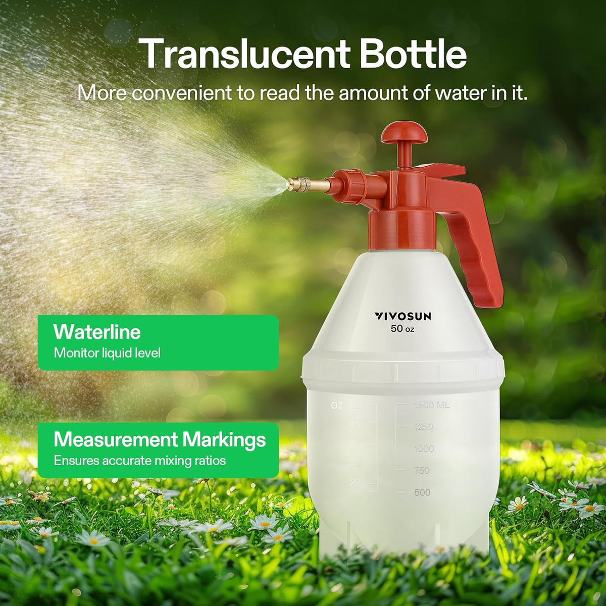 VIVOSUN 50oz Pump Sprayer, Handheld Garden Water Sprayer Bottle with Adjustable Brass Nozzle, for