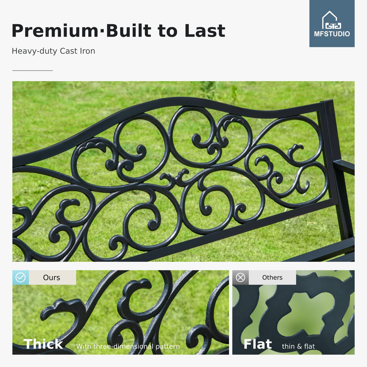 MFSTUDIO 50 Inches Outdoor Garden Bench Cast Iron Metal Frame, Floral Black