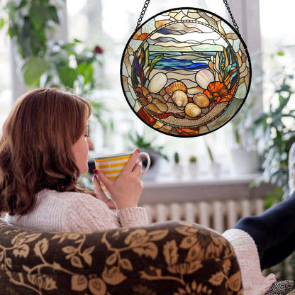 Stained Glass Window Hanging Conch Shells Ocean Seaweed Large 15" - Suncatcher Door Garden Sunroom