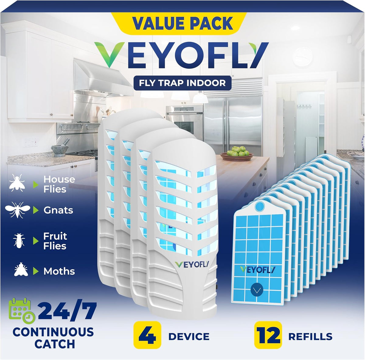 VEYOFLY Fruit Fly Traps for Indoors, Fly Trap Indoor, (4 Device + 12 Refills) Fly Catcher Indoor