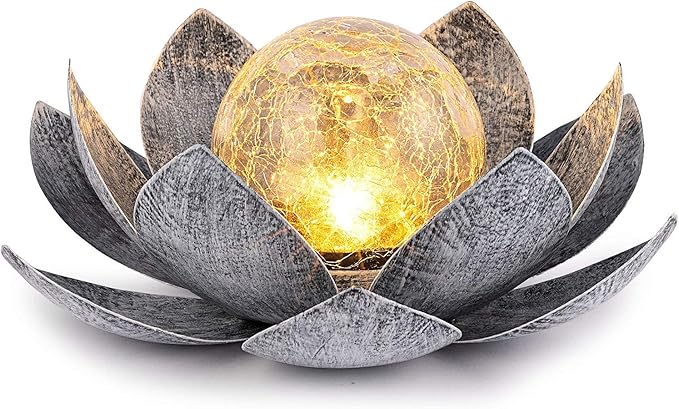 Huaxu Solar Lights Outdoor Garden, Crackle Globe Glass Lotus Decor, Waterproof LED Metal Flower