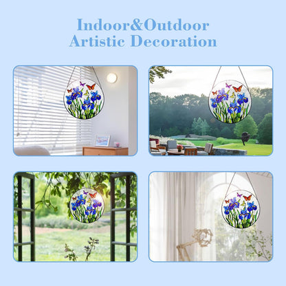 Stained Glass Window Hanging Iris Flower Suncatcher, Renyalora 10 Inch Round Glass Sun Catcher for