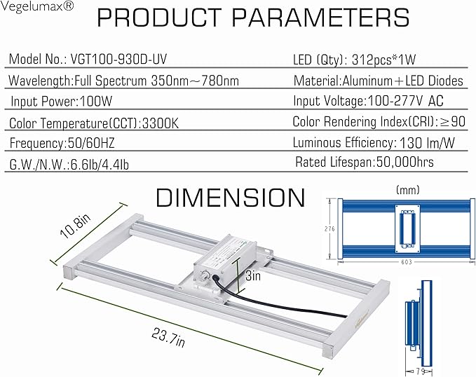 100W LED Grow Light Bar,UV IR Diodes Included,Sunlike Full Spectrum Growing Lamp for Horticulture