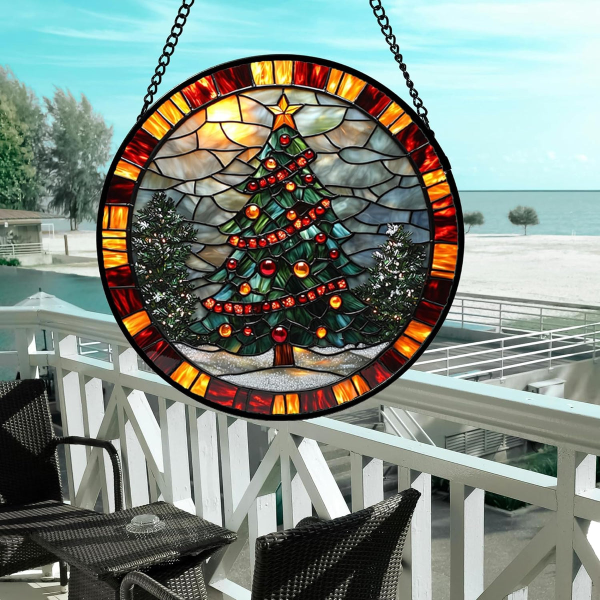 Stained Glass Window Hanging - Winter Christmas Tree Suncatcher Ready to Hang Window Doors Home