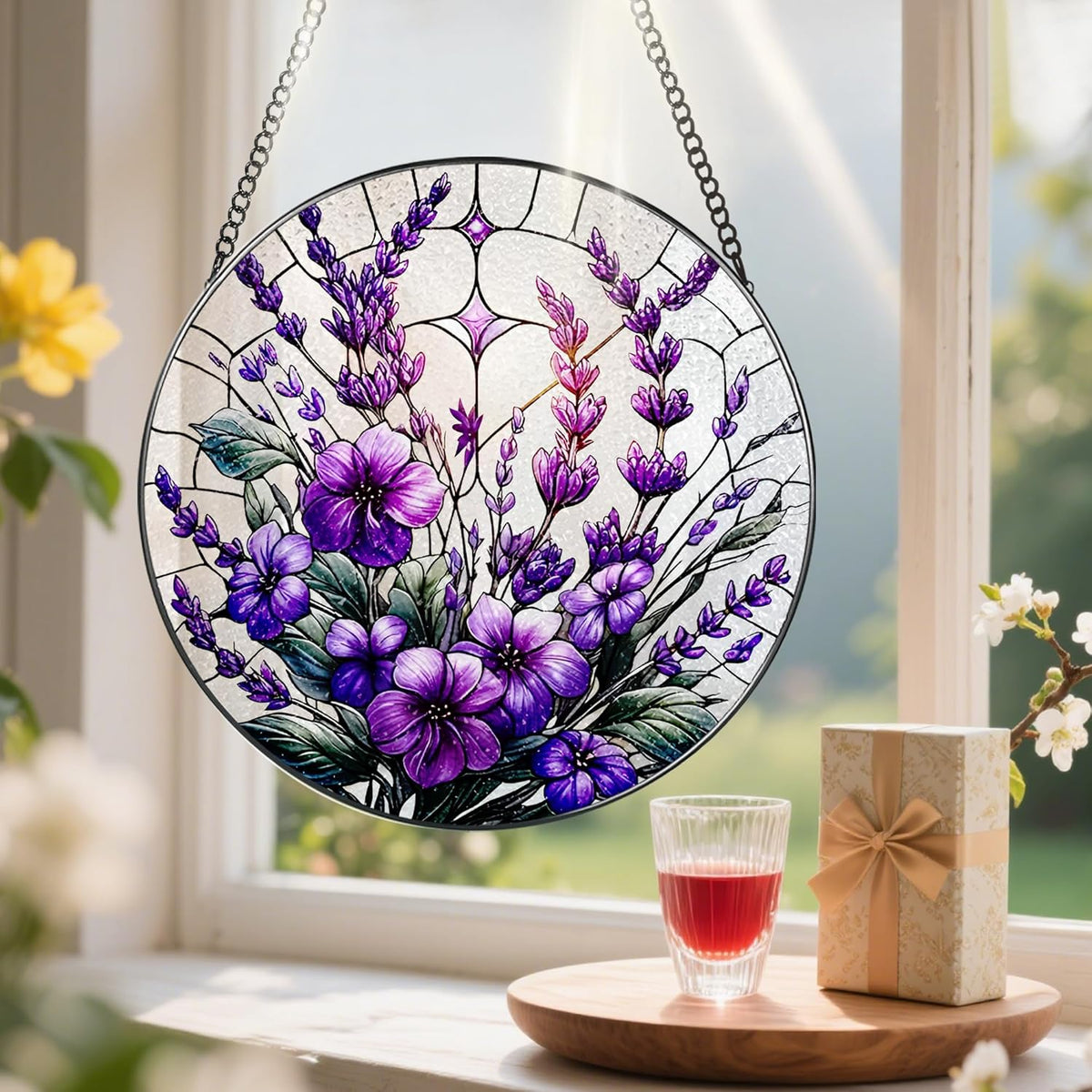 Bauhinia&Violets Flower Stained Glass Suncatcher, Stained Glass Window Hanging, 8 Inch Window