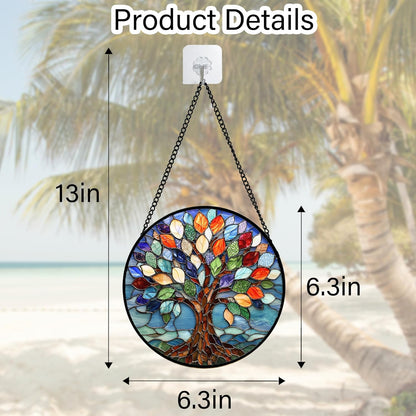 Stained Glass Window Hanging, Colorful Tree of Life Sun Catchers Glass Panel Blue Suncatcher Decor