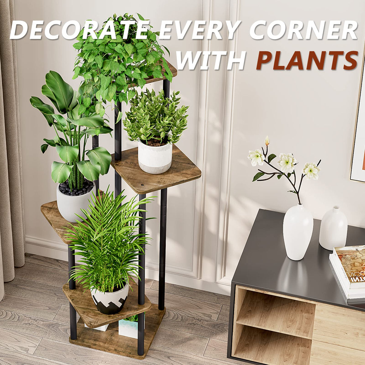 AZERPIAN 5 Tier Tall Plant Stand Indoor Corner Tiered Shelf Metal MDF Board