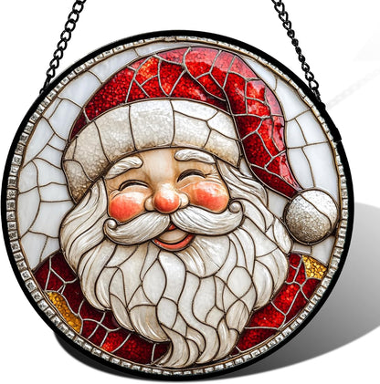 Stained Glass Window Hanging - Red White Santa Claus Suncatcher for Doors Home Christmas Decoration