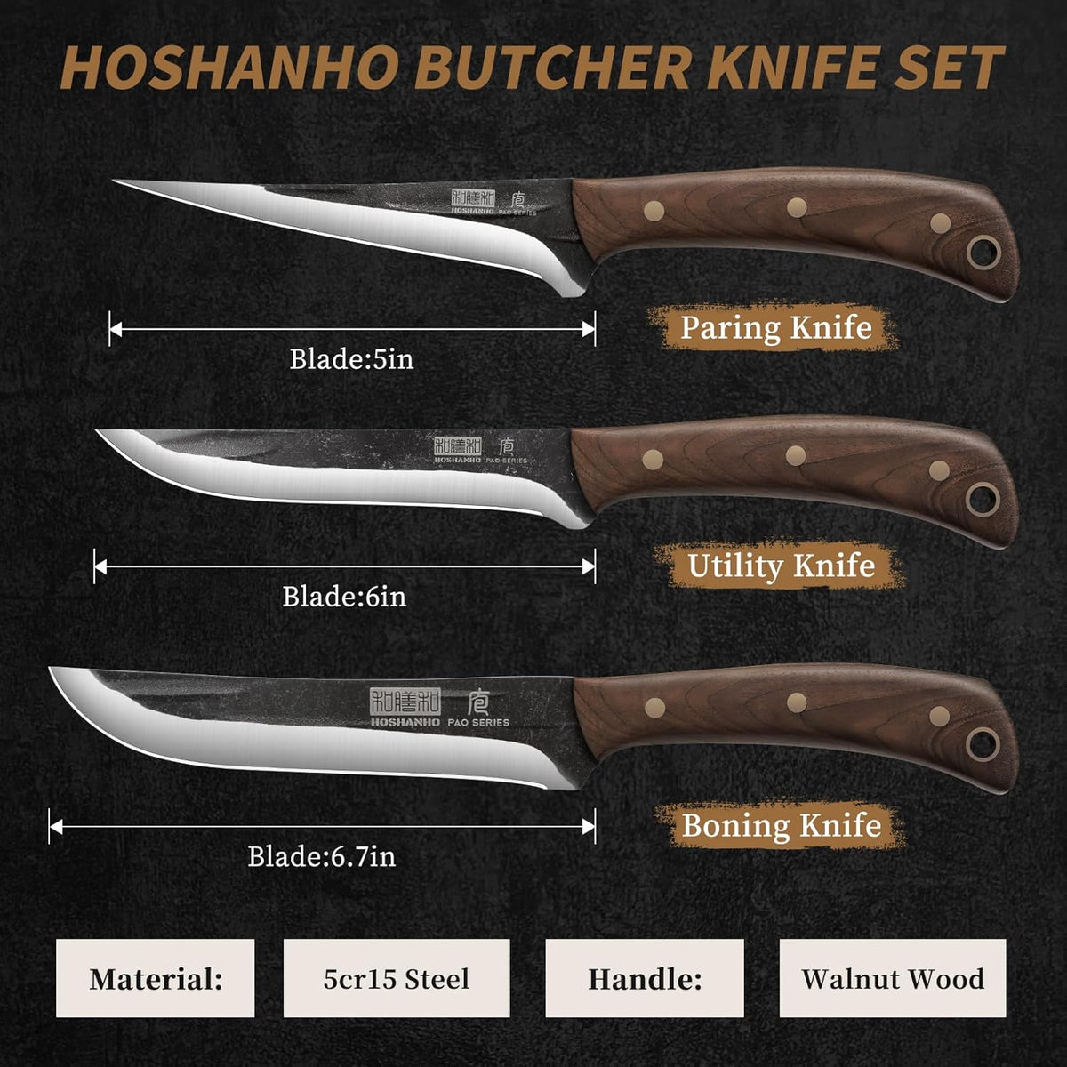 HOSHANHO Butcher Knife Set 3-Piece, Super Sharp Hand Forged Fillet Knife & Dividing Knives & Paring