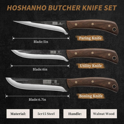 HOSHANHO Butcher Knife Set 3-Piece, Super Sharp Hand Forged Fillet Knife & Dividing Knives & Paring