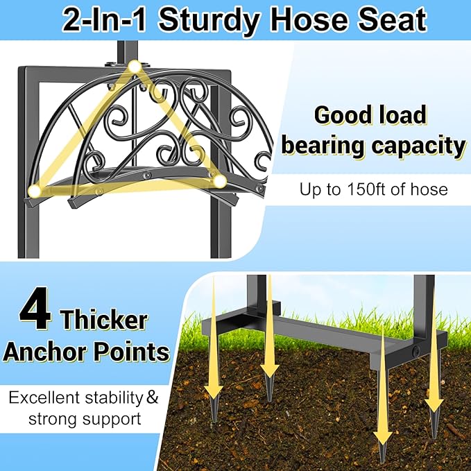 Garden Hose Holder Hanger Freestanding, Upgraded 4 Spikes Heavy Duty Storage Reel Stand with