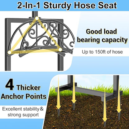 Garden Hose Holder Hanger Freestanding, Upgraded 4 Spikes Heavy Duty Storage Reel Stand with