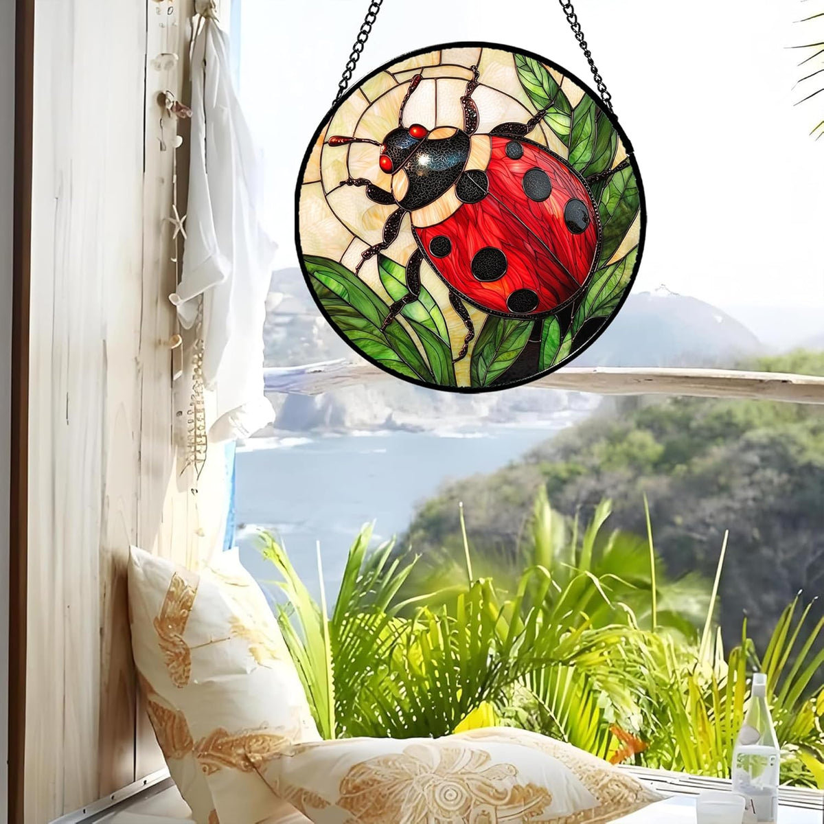Stained Glass Window Hanging - Red Seven-Spotted Ladybug Sun Catcher for Door Home Decor Insect