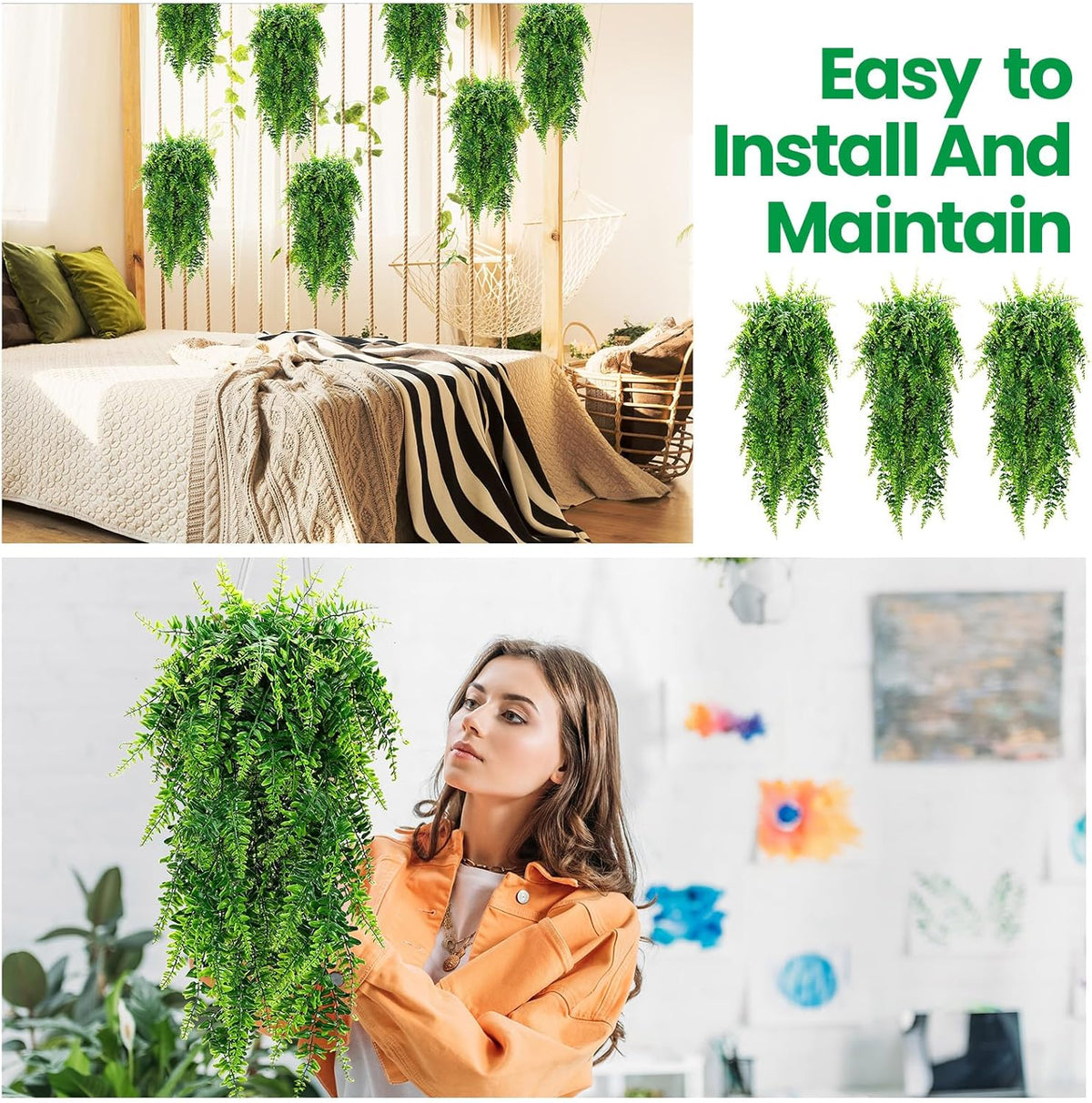 Geosar 56 Pcs Artificial Hanging Plants 32 Inch Hanging Boston Ferns Plastic Fake Plants for Wall